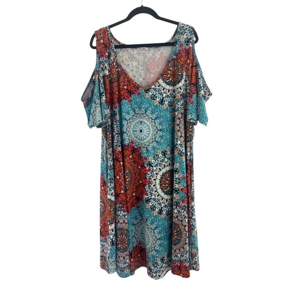 Medallion Print Ultra-Soft Cold Shoulder Swing Dress w/Pockets Size 5X Plus Size - Picture 3 of 8